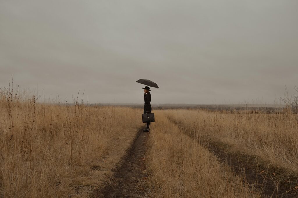 woman, mysterious, field, road, meadow, traveler, umbrella, sad girl, girl, journey, lonely, sad, melancholy, sadness, depression, despair, to drag, frowning, countryside, outdoors, autumn, partly cloudy, gloomily