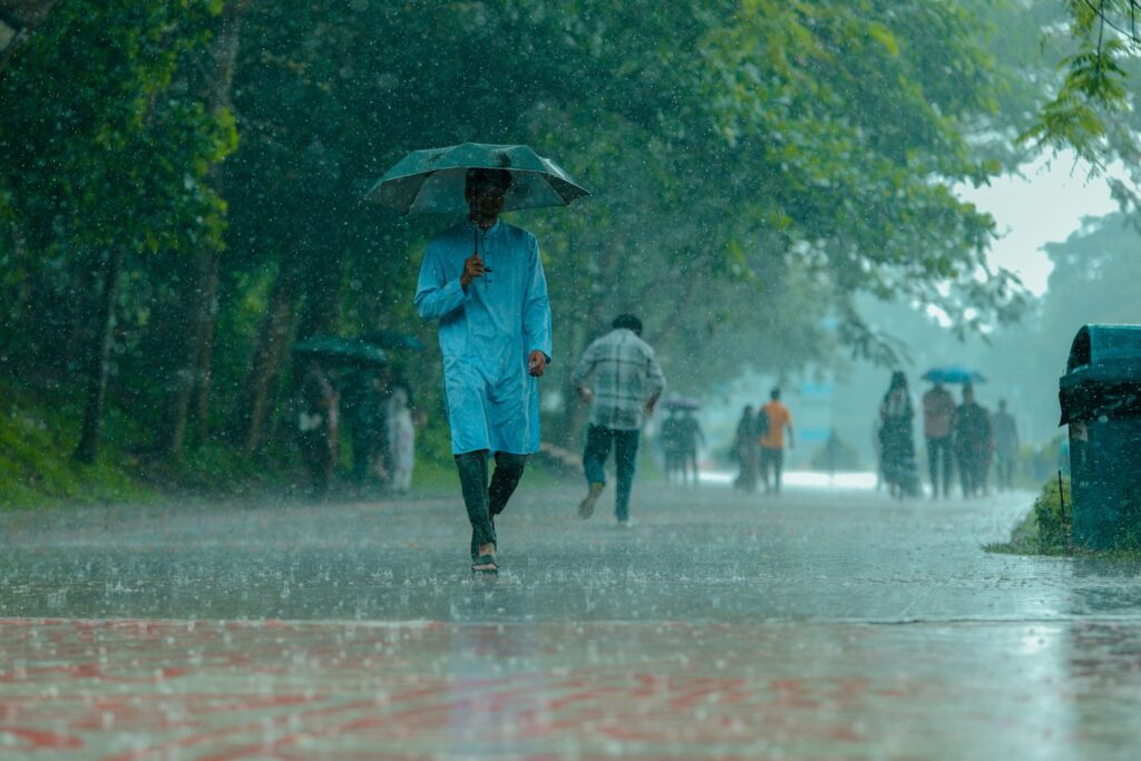 Mưa A man in blue walking under heavy rain with umbrella on a tree-lined path.